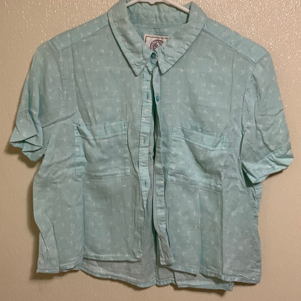 Mint green button down top, slip crop